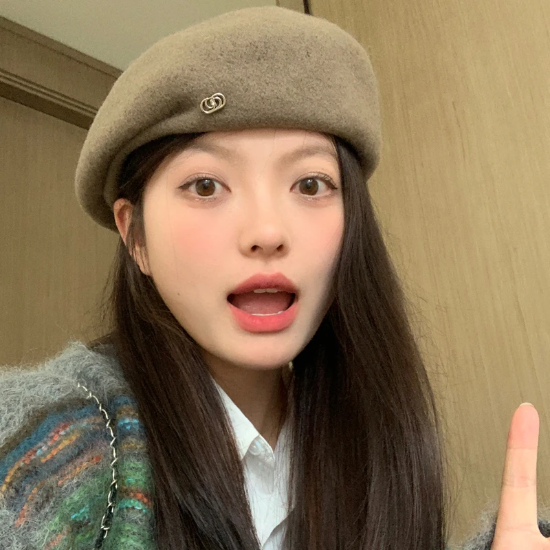 含羊毛韩版纯色贝雷帽女秋冬黑色日系画家帽显脸小八角帽百搭逛街
