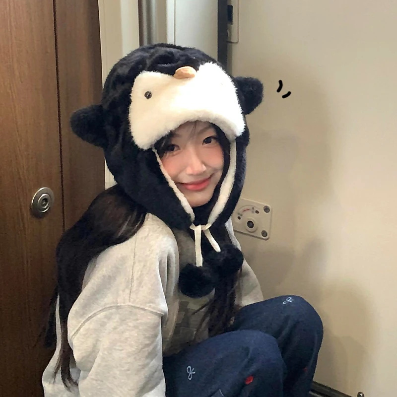 小企鹅雷锋帽子女秋冬季加厚保暖防寒护耳毛绒帽显脸小骑车飞行帽