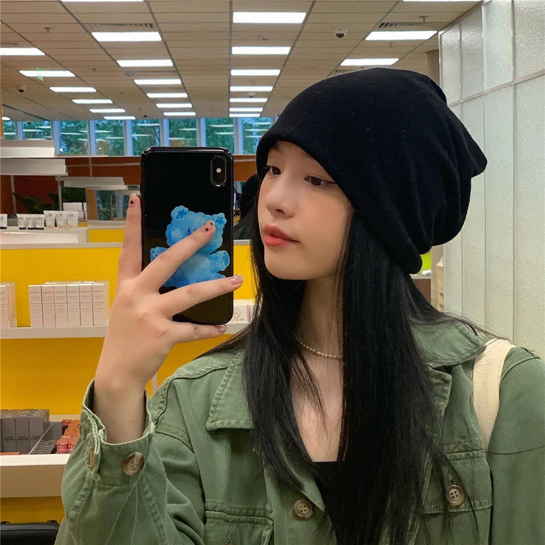 薄款针织毛线堆堆帽女秋冬季日系网红包头套头帽大头围月子冷帽子