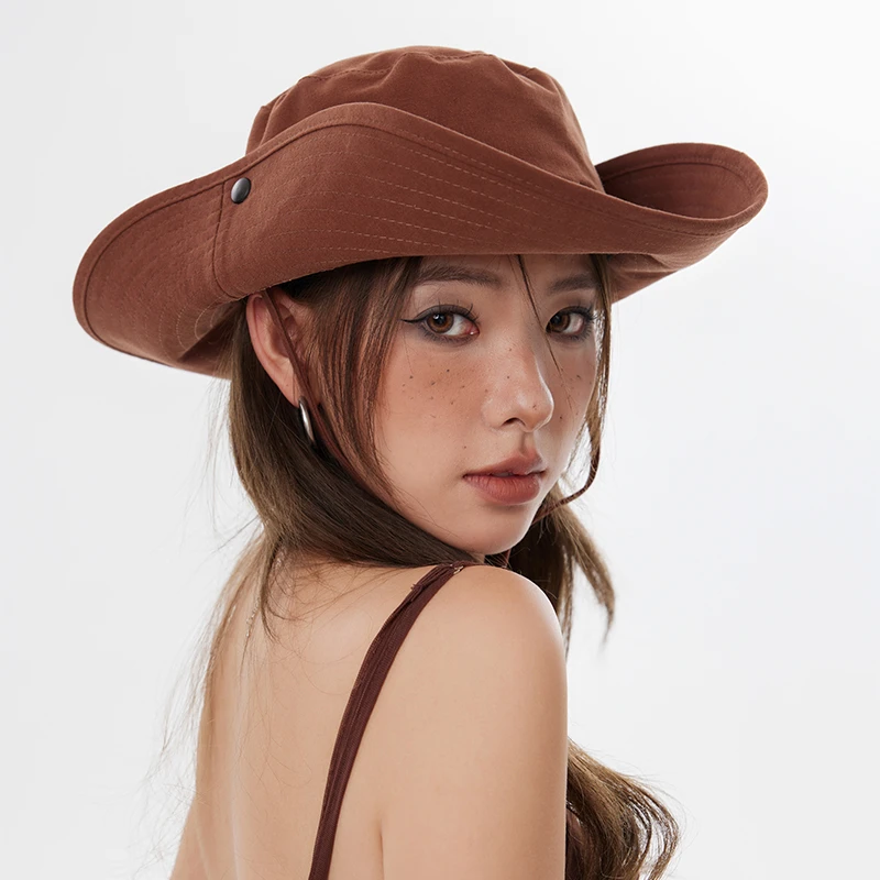 美式辣妹咖啡色防晒渔夫帽子女夏西部牛仔户外露营遮阳登山钓鱼帽