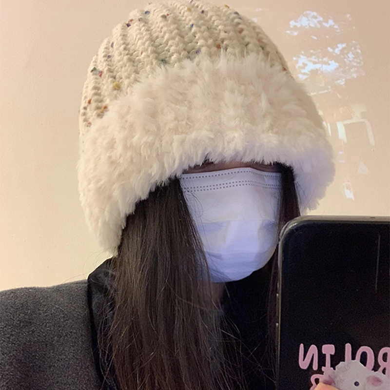 豆豆彩色针织帽子女冬毛线帽大头围米色毛茸茸冬天保暖护耳针织帽