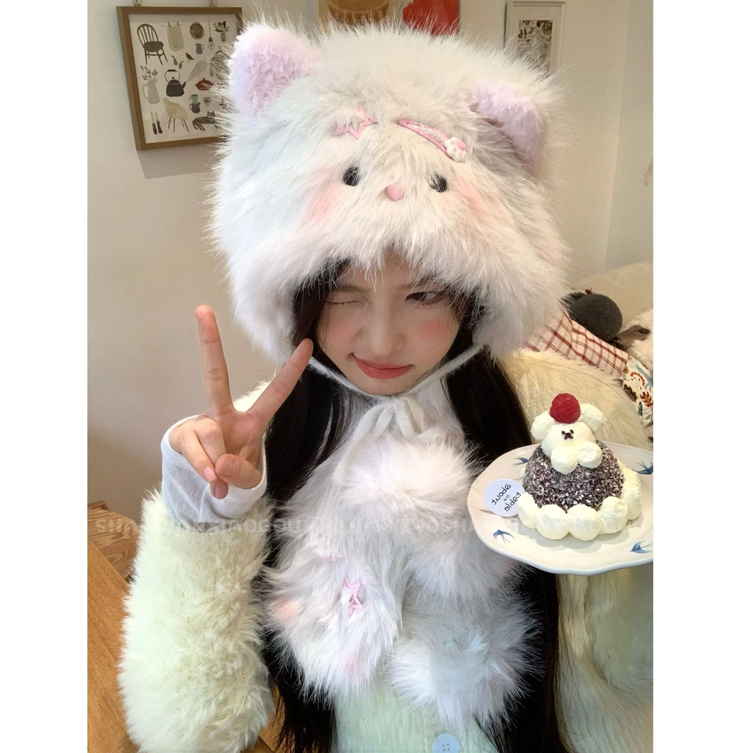 *KELUSI联名款可爱猫咪耳朵护耳毛绒帽女冬季帽子冬天围巾ins一体