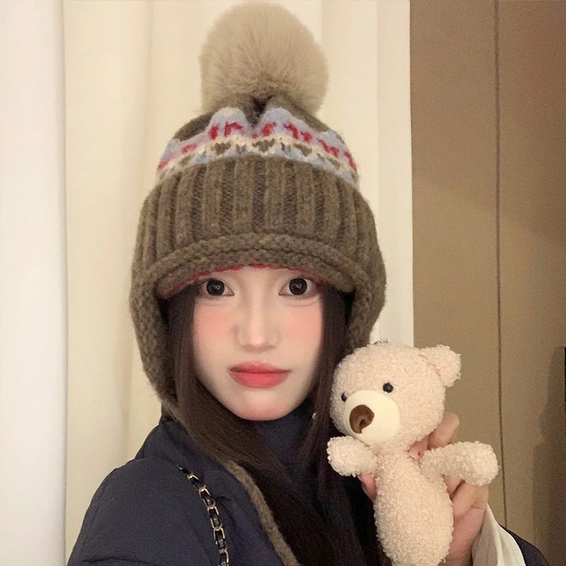 复古费尔岛风加厚保暖护耳毛线帽子女2024秋冬季显脸小针织雷锋帽