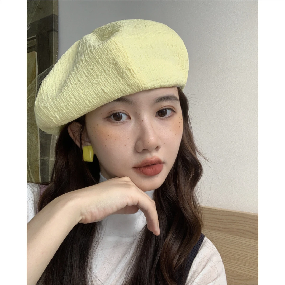 【夏天的奶油黄】显脸小贝雷帽子女褶皱泡泡纱显白树莓红画家帽潮