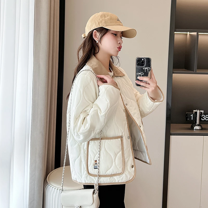 韩版小熊刺绣棉服外套女冬季2025新款翻领棉袄小个子短款棉衣1121