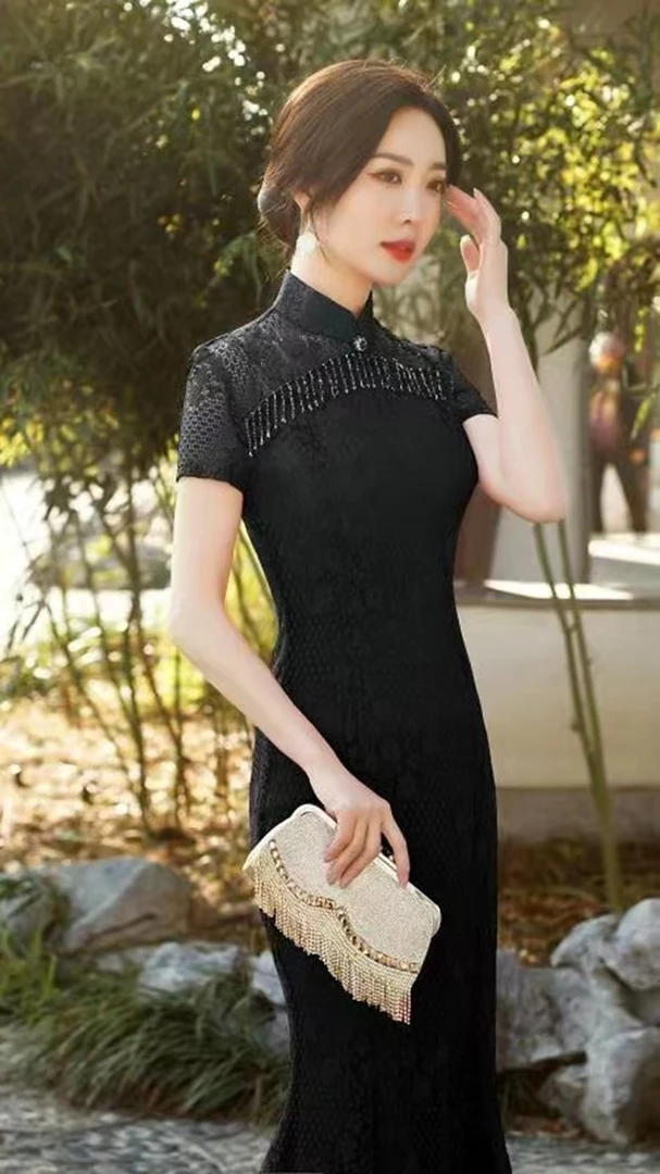 云梦 手工缝制优雅蕾丝旗袍日常气质中国风旗袍