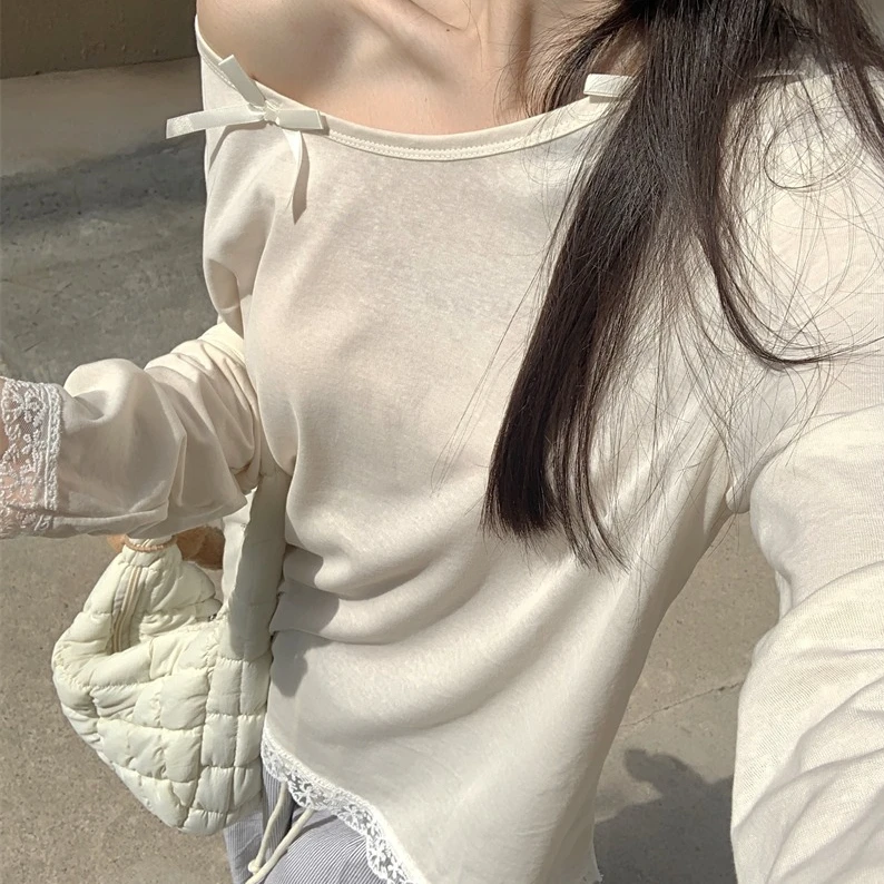 【H•Kuai】蕾丝花边斜肩长袖T恤女秋韩版温柔蝴蝶结宽松上衣