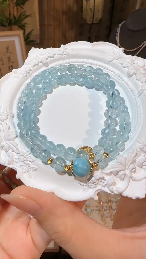 【闪购商品】海蓝宝石手链银S925镶嵌双圈海蓝宝