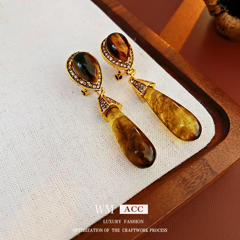 镶钻复古虎眼石水滴耳钉法式秋冬气质耳环时尚高级感耳饰厂家