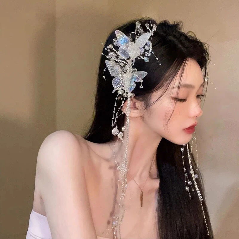 925银镶钻蝴蝶流苏弹簧夹仙女气质甜美设计发夹时尚高级