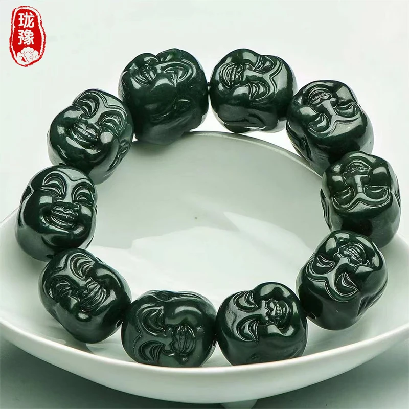 天然和田玉佛头手链天然青玉手串双面笑佛手链男士款保真带证书