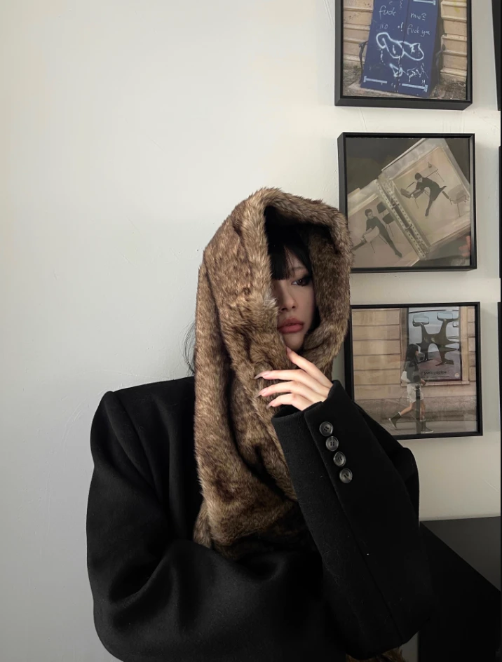 0122stepll超柔高级感革兔毛仿皮草围脖秋冬棕色百搭时髦保暖围巾