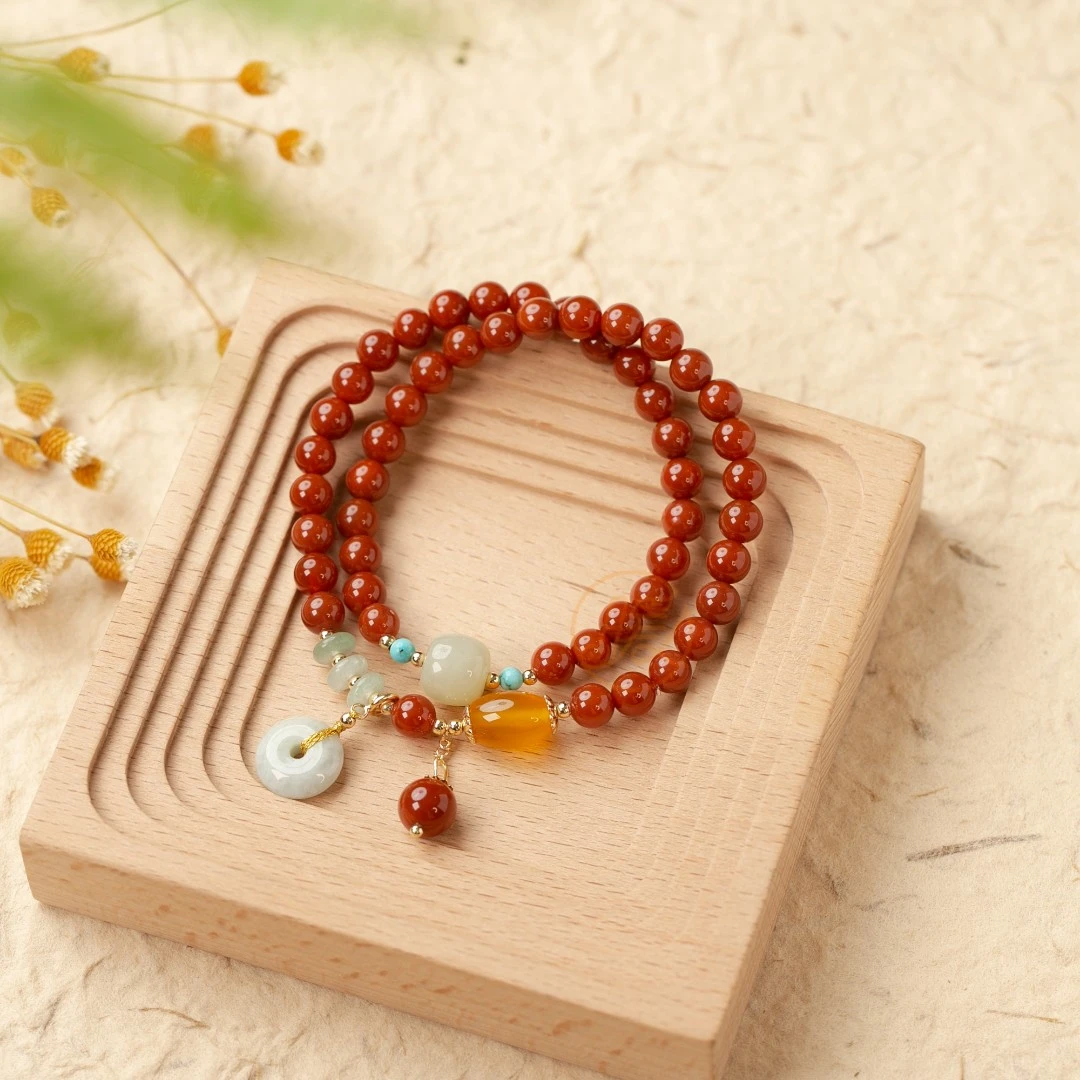 Nuanyan/暖言双圈玛瑙手链带平安扣吊坠 H23多样性发一