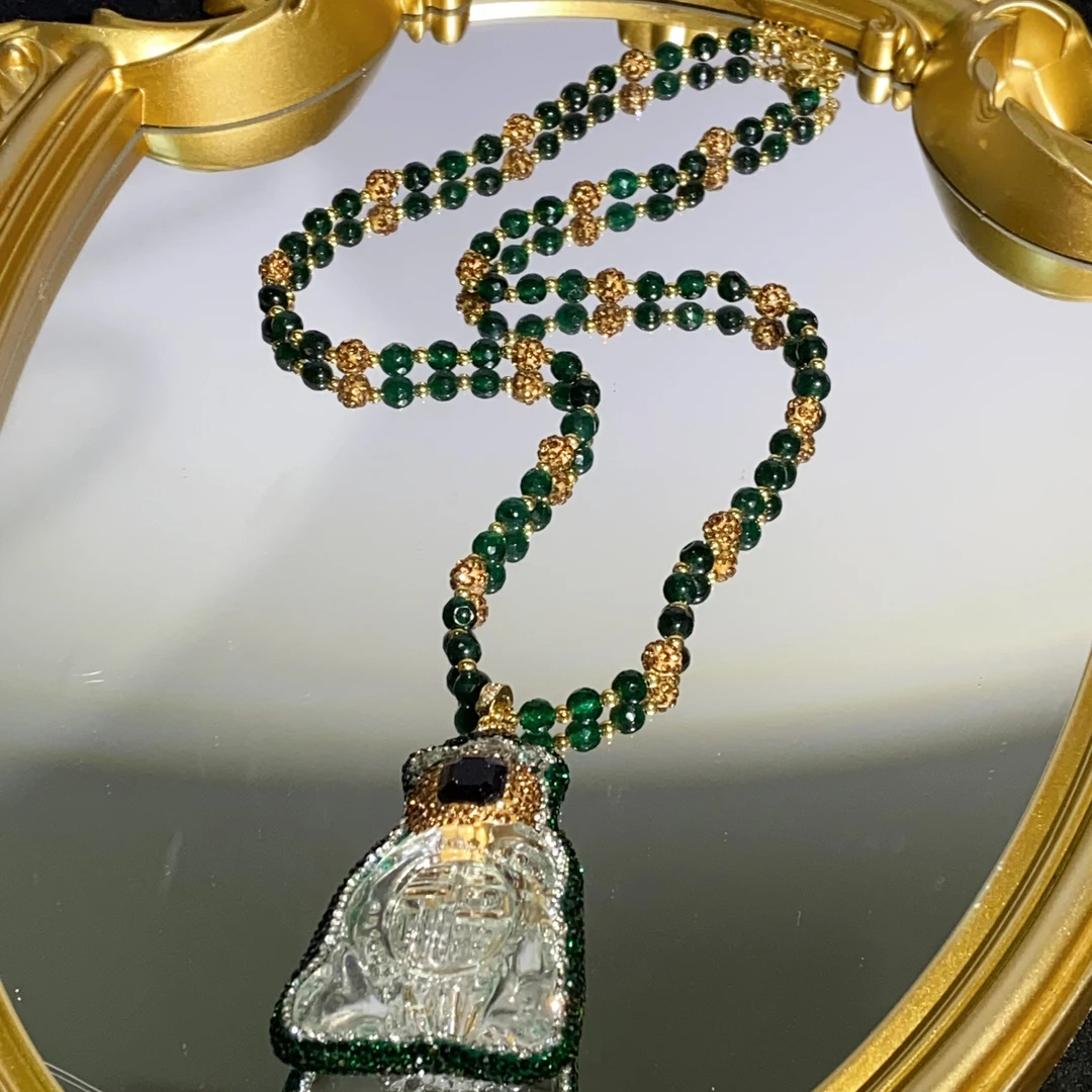 铜合金合成锆石项链 TTSD 绿色钱袋设计镶嵌民族风毛衣链项链267