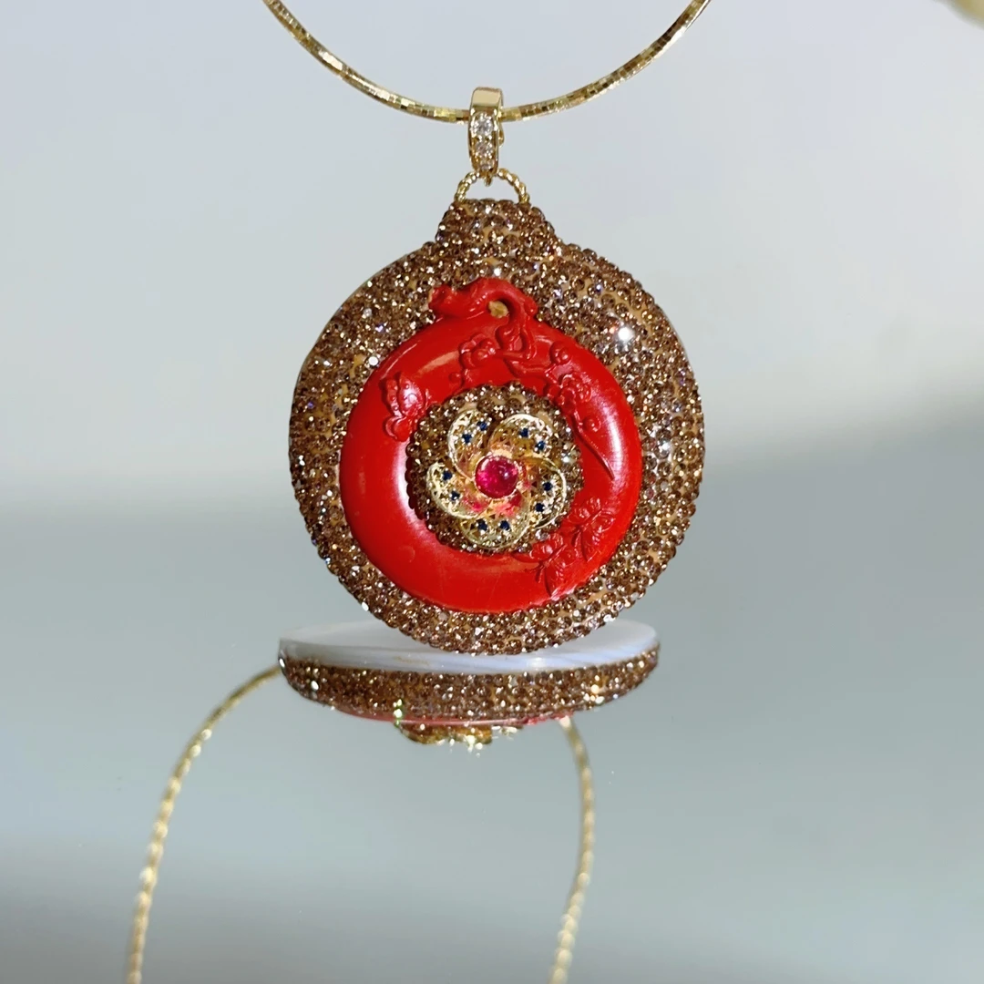 铜合金合成锆石吊坠 TTSD 红色ZS中国风蝶恋花吊坠 7171