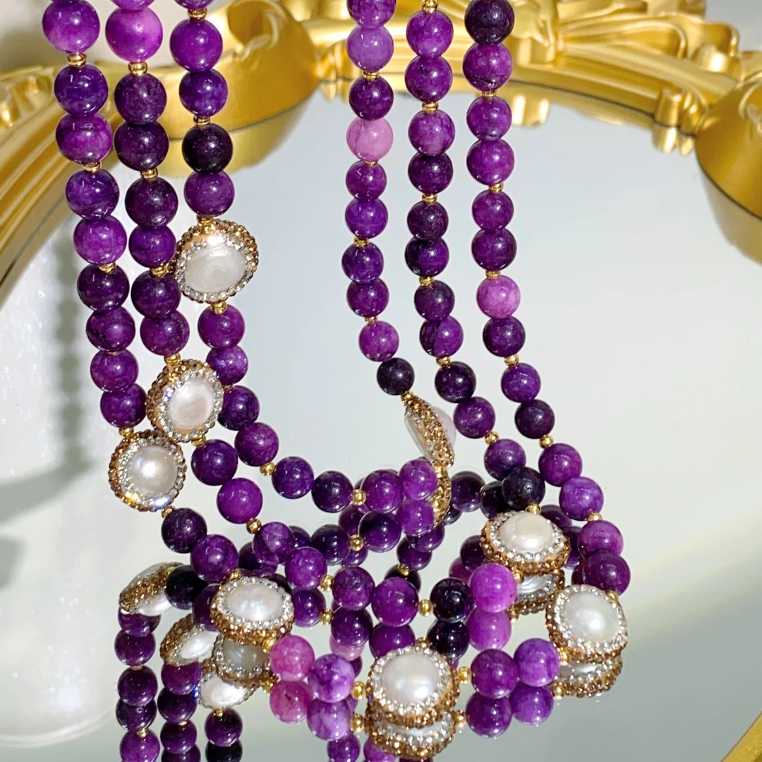 铜合金合成锆石项链 TT 紫色MLY三层设计款奢华晚装链8469