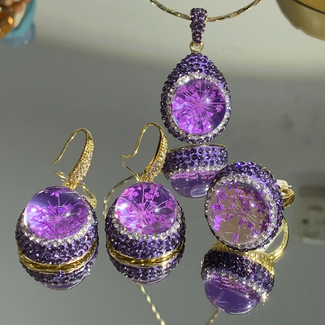 铜合金合成锆石耳饰 TTSD 紫色永生花时尚耳饰三件套 309