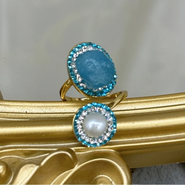 铜合金合成锆石戒指 TT 蓝色搭配白色ZZ双头个性款戒指 193