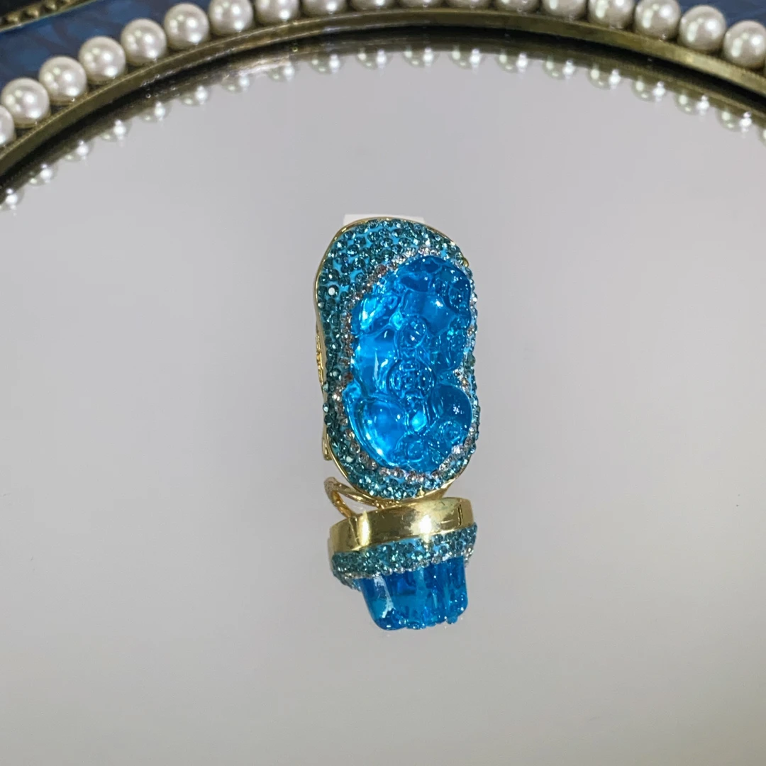 铜合金合成锆石戒指 TTSD 蓝色精雕貔貅重工民族气质款戒指 6448