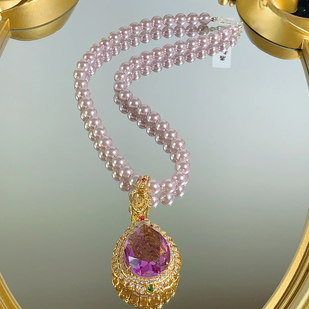铜合金合成锆石项链 TTSD 紫色水滴奢华时尚百搭项链 619