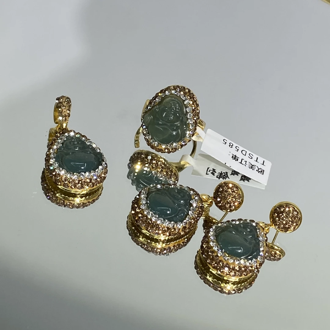 铜合金合成锆石戒指 TTSD 绿色佛公时尚潮流百搭款三件套戒指 585