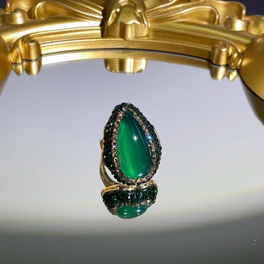 铜合金合成锆石戒指 TTSD 绿色mn水滴设计款戒指 3097