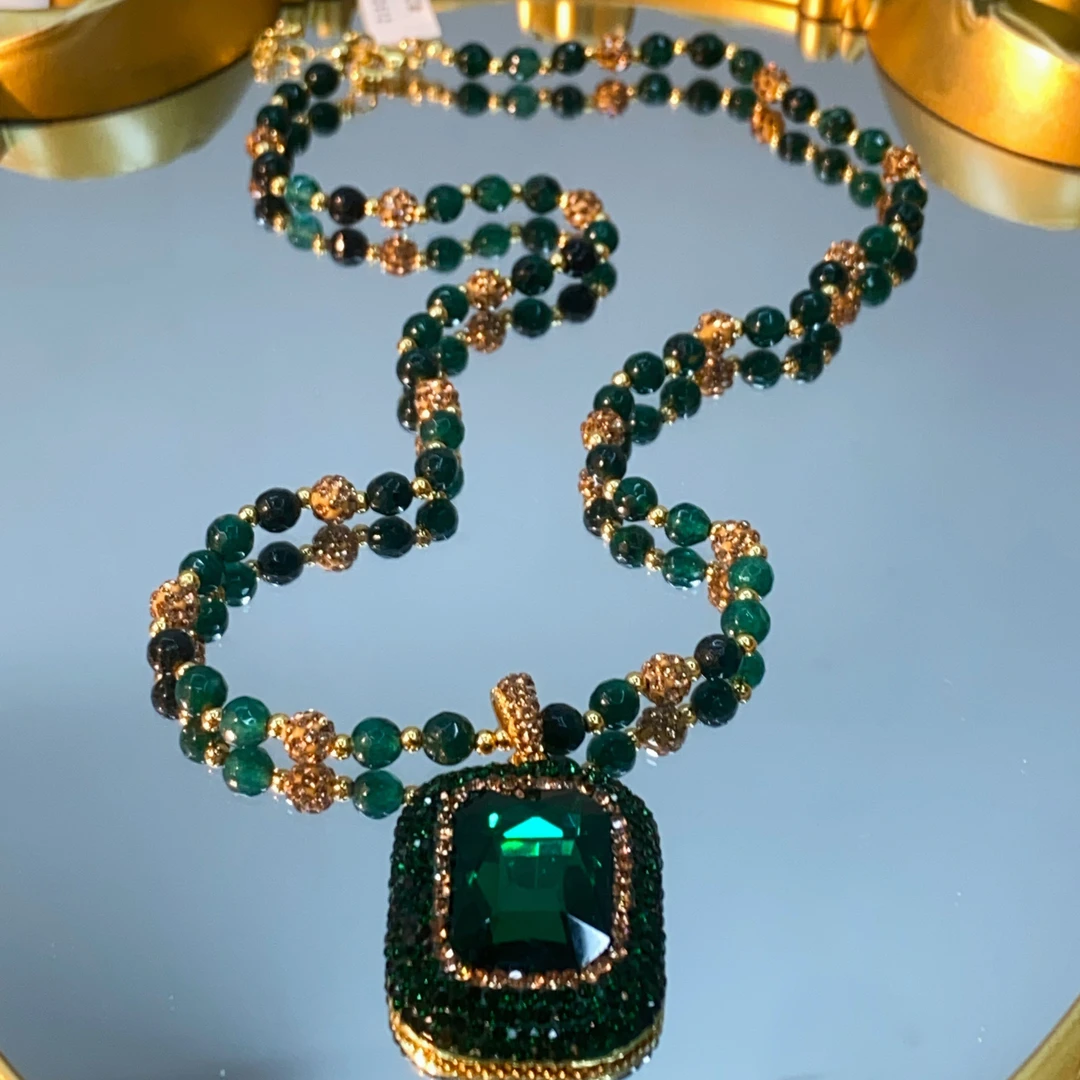 铜合金合成锆石项链 TTSD 绿色长方形时尚潮流百搭款毛衣链 512