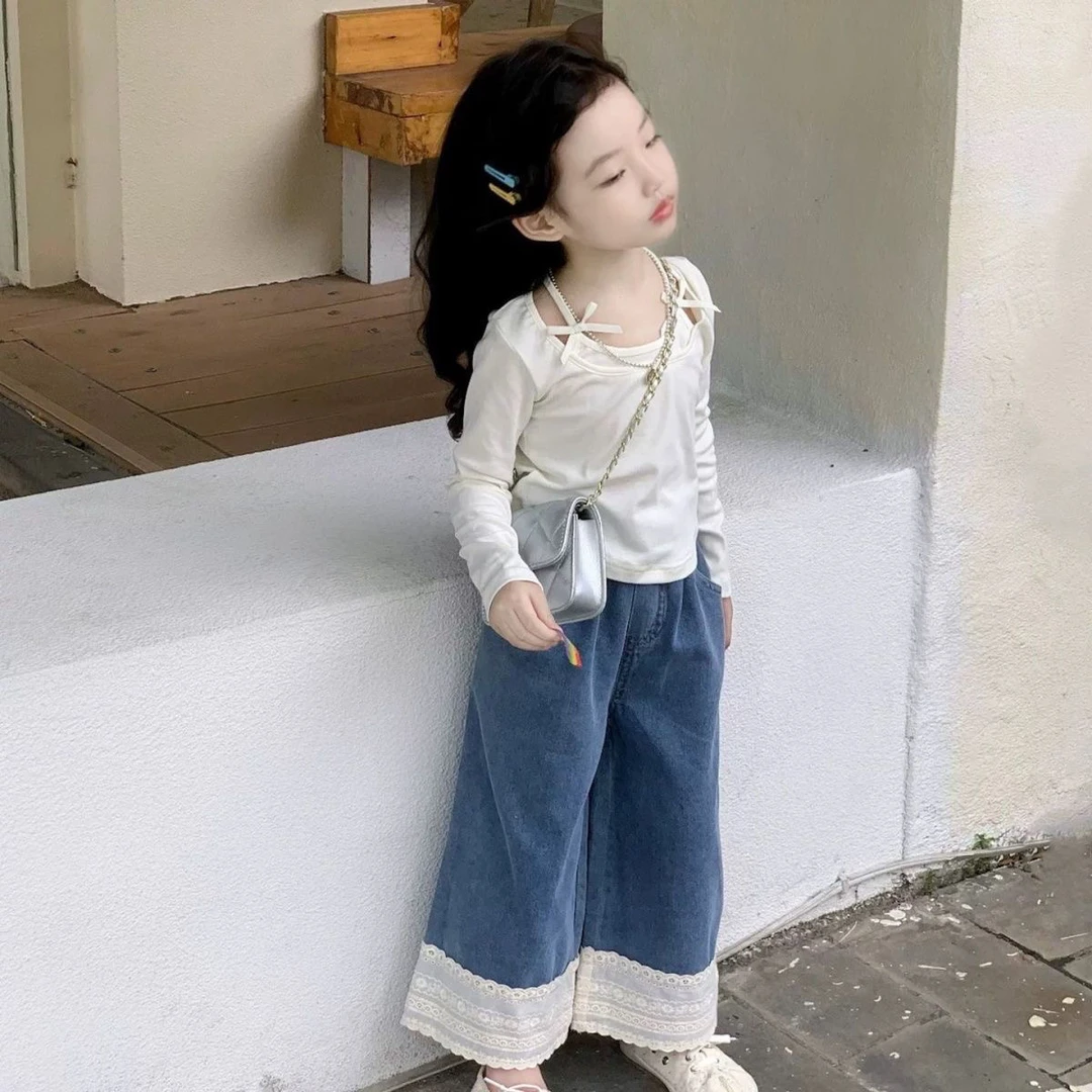 女童蝴蝶结T恤花边牛仔裤长袖秋装洋气儿童套装