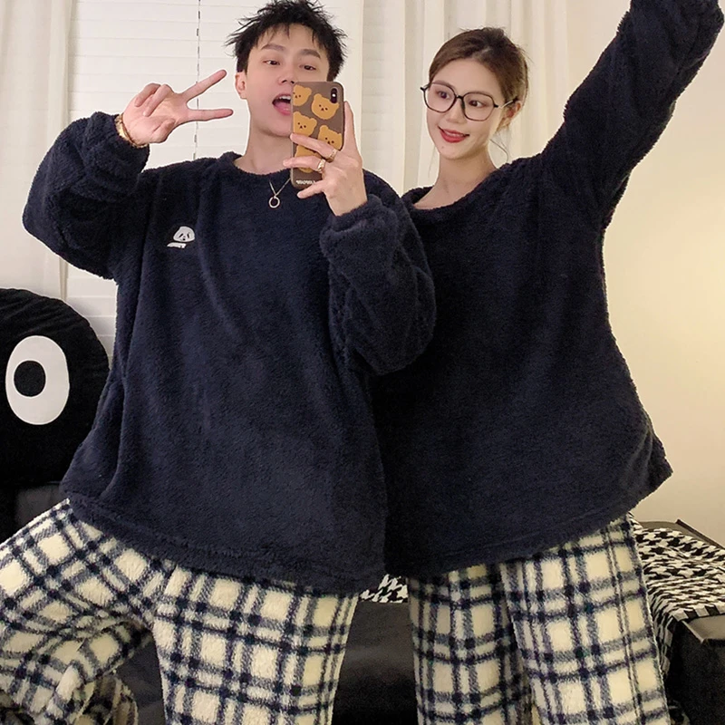 冬季韩版情侣睡衣简约格子可爱熊猫女珊瑚绒加厚男生家居服套装冬