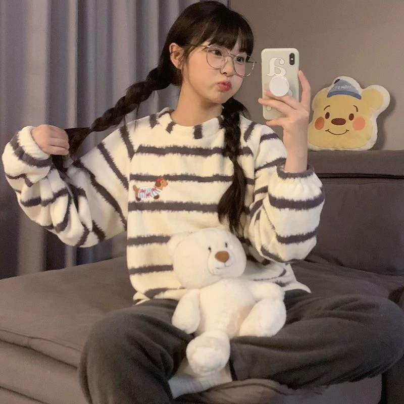 可爱腊肠狗情侣睡衣珊瑚绒秋冬季慵懒感条纹加厚加绒男女生家居服