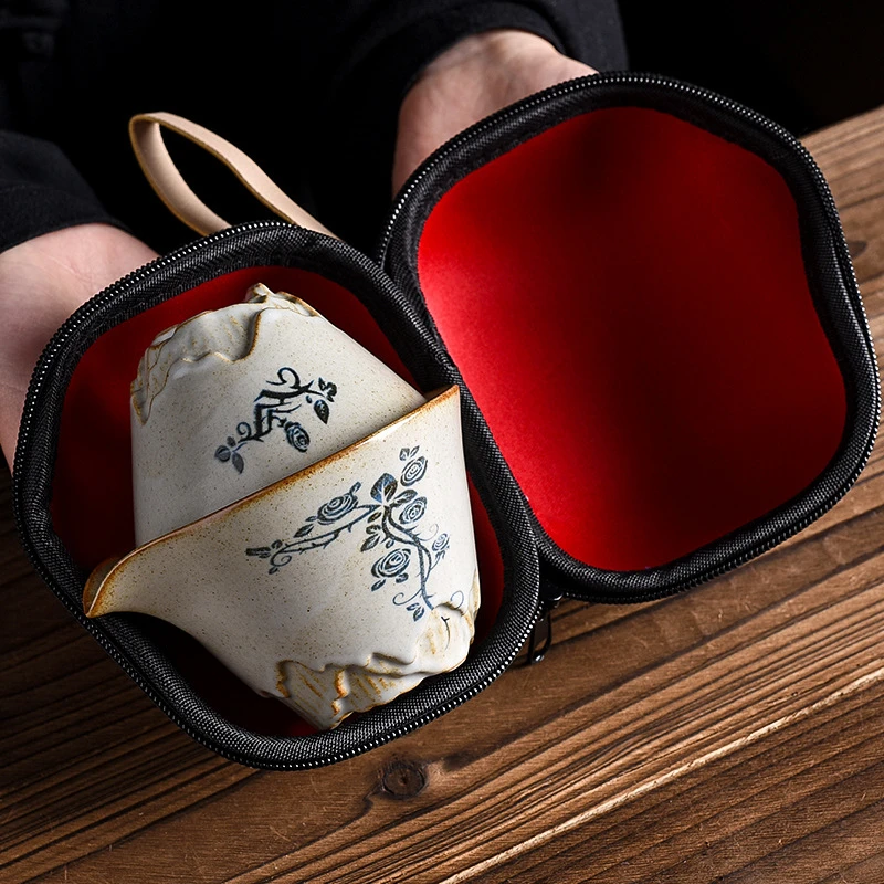 草木灰日式复古便携式旅行茶具小套装一壶二杯收纳家用户外快客杯
