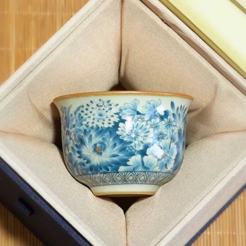 汝窑金万花茶杯个人专用主人杯单杯中式陶瓷功夫茶具品茗杯喝茶杯