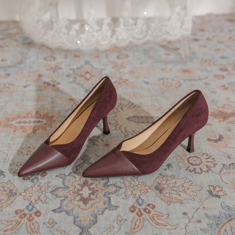 大梦新款【7CM】721-23复古V口气质百搭高跟鞋女