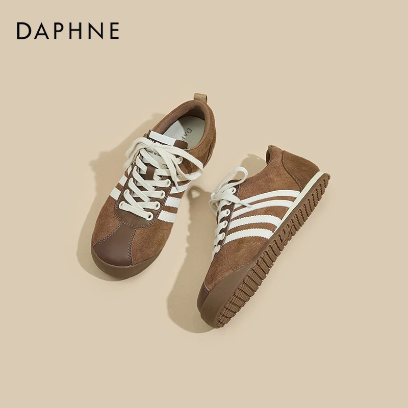 Daphne/达芙妮真皮系带运动休闲鞋女2024秋季新款复古拼色德训鞋