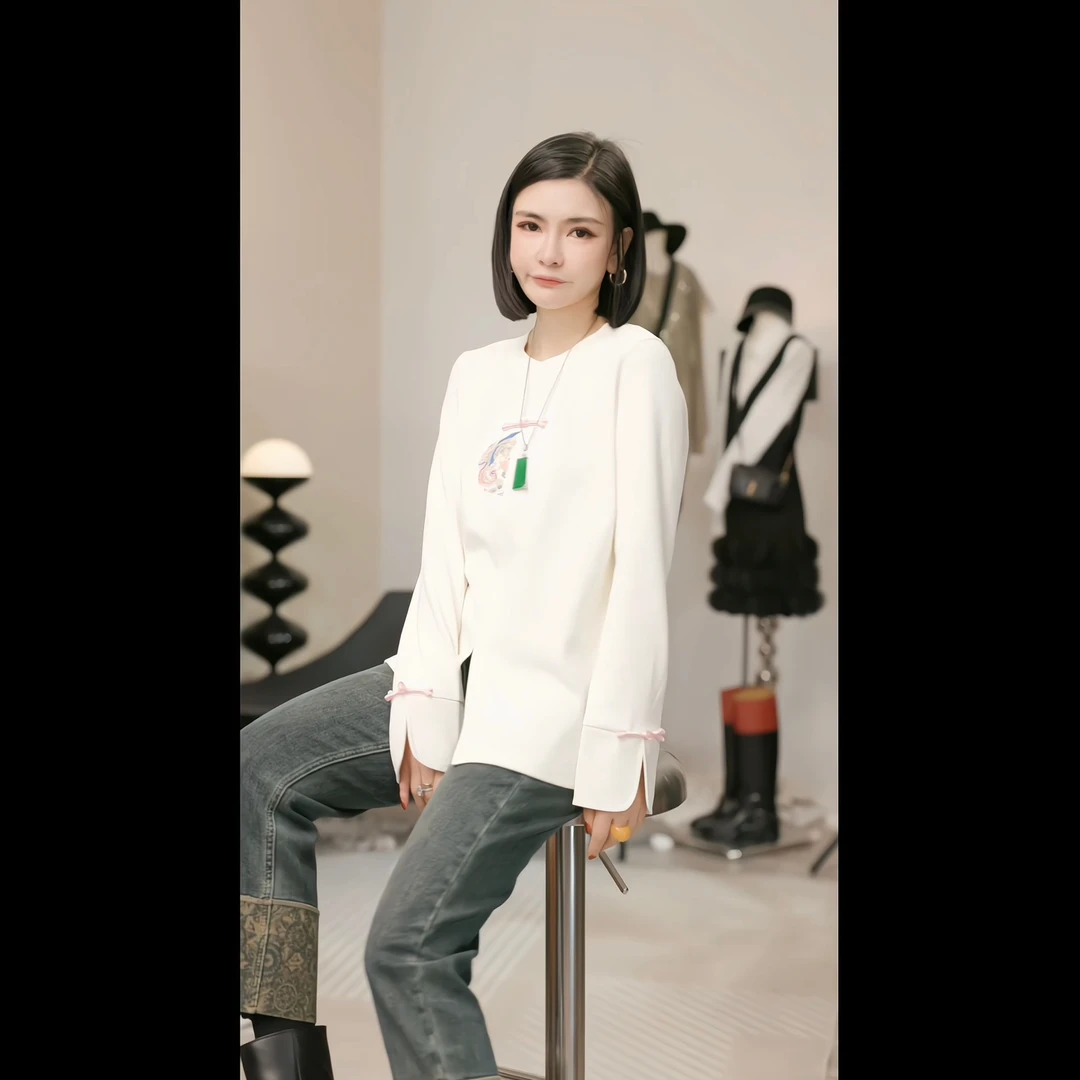 【燕子设计师品牌】点指粉红 国风刺绣百搭长袖上衣 13759 D