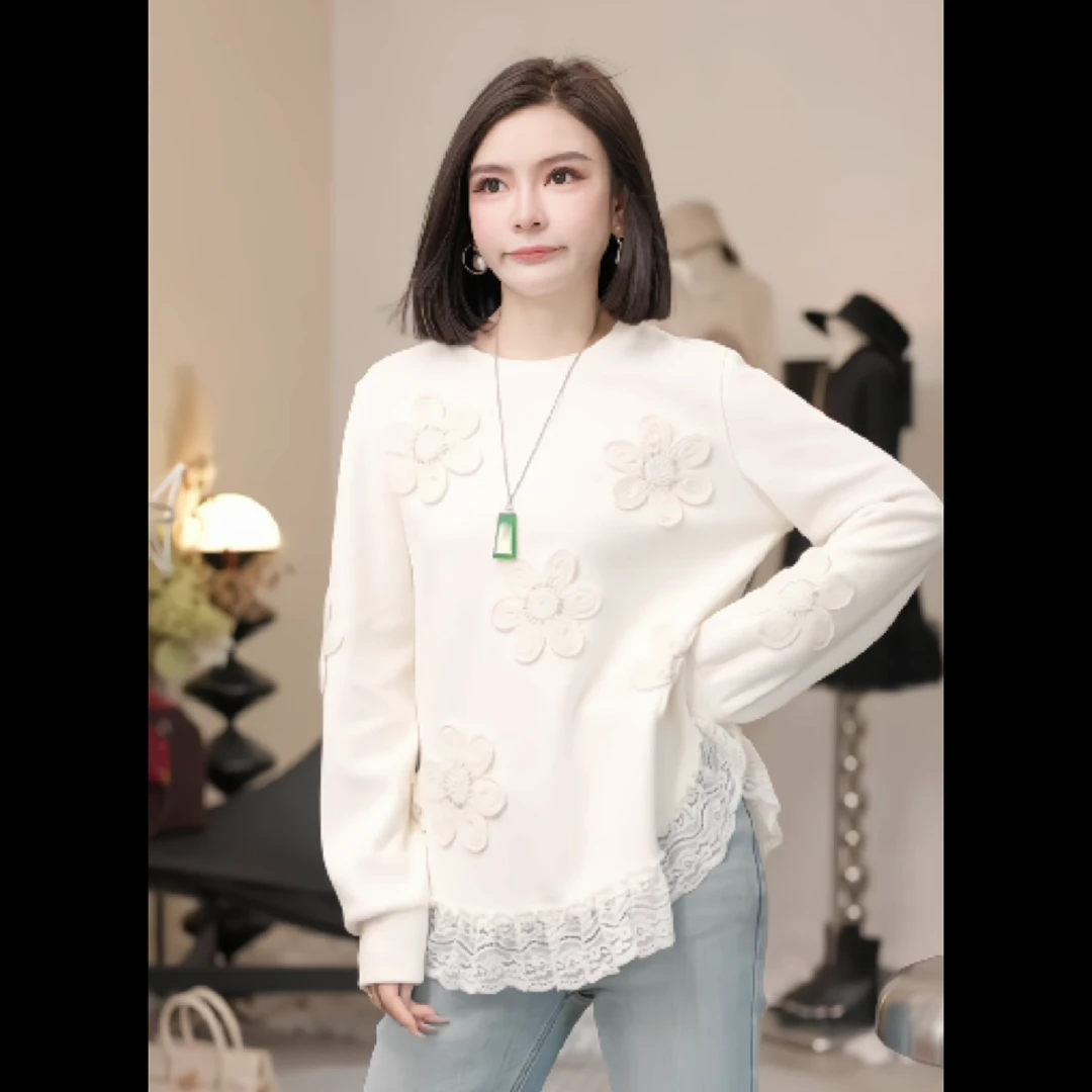 【燕子设计师品牌】[] 秋冬设计感蕾丝拼接小花卫衣 21650 Q