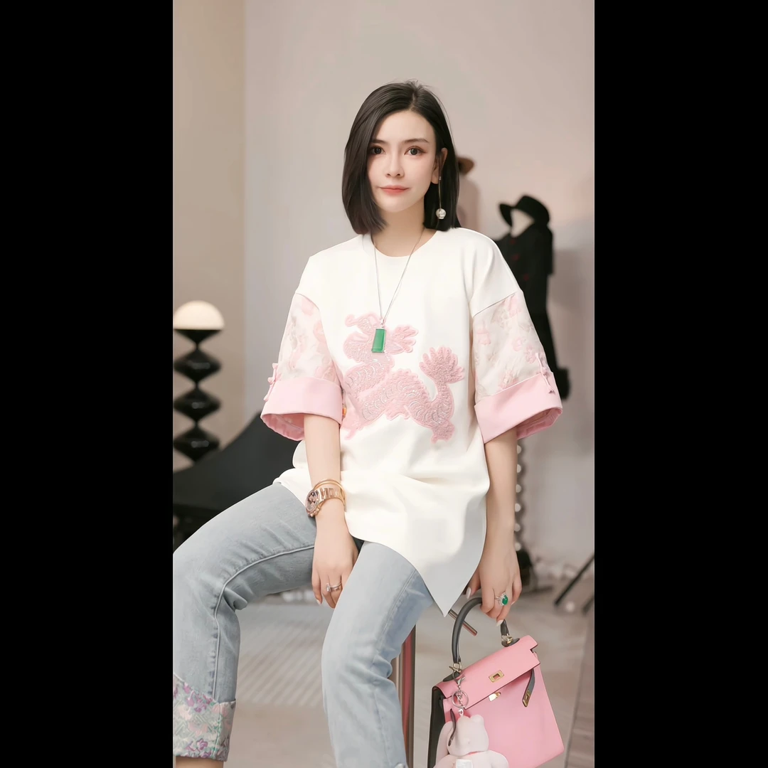 【燕子设计师品牌】花朵绣龙国风拼接百搭休闲短袖 18520 C