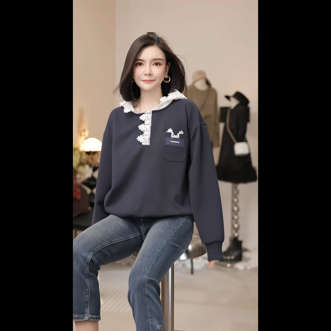 【燕子设计师品牌】秋冬潮流设计蕾丝拼接连帽减龄卫衣 20707 Q