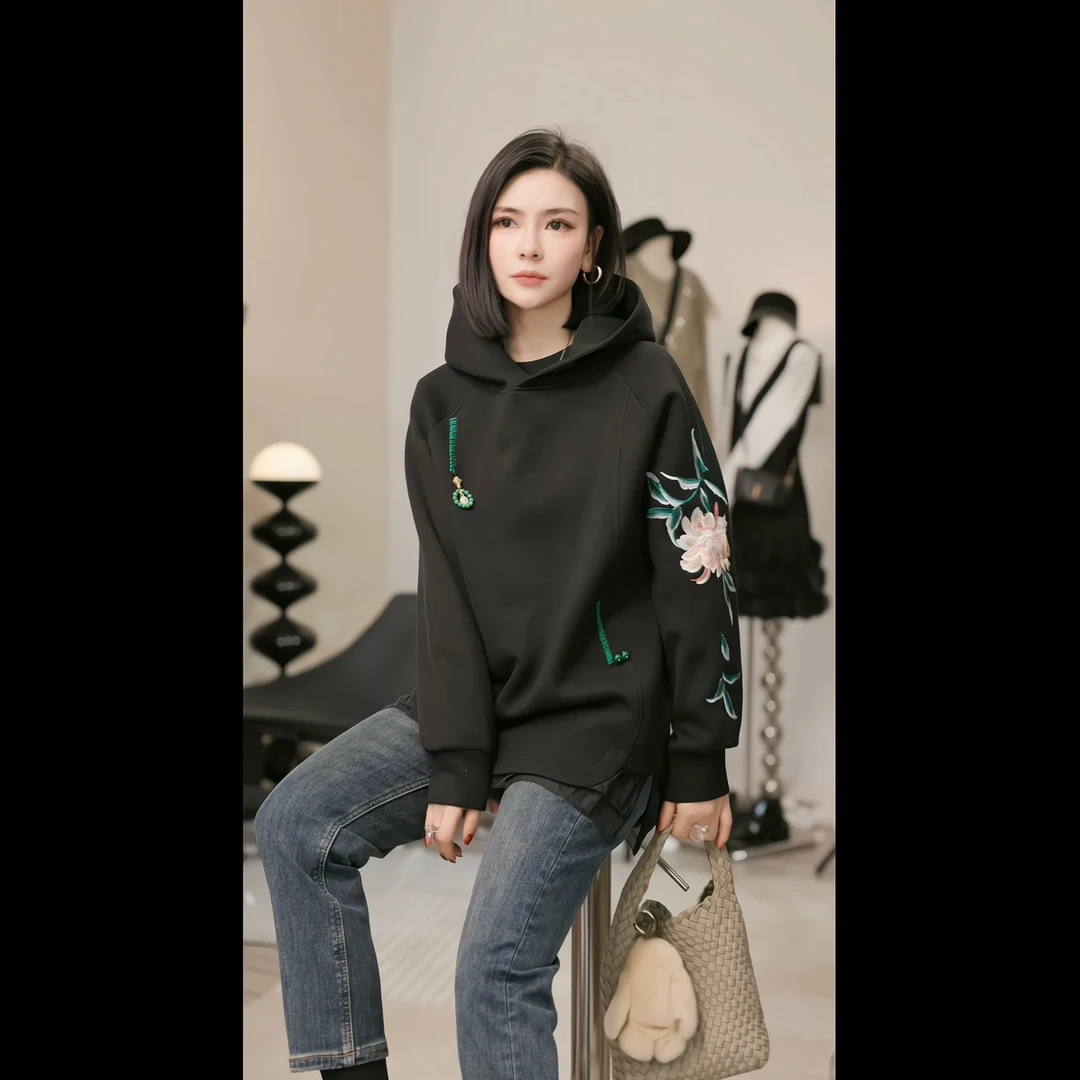 【燕子设计师品牌】月夜 重工花朵刺绣连帽百搭显瘦卫衣 13687 D