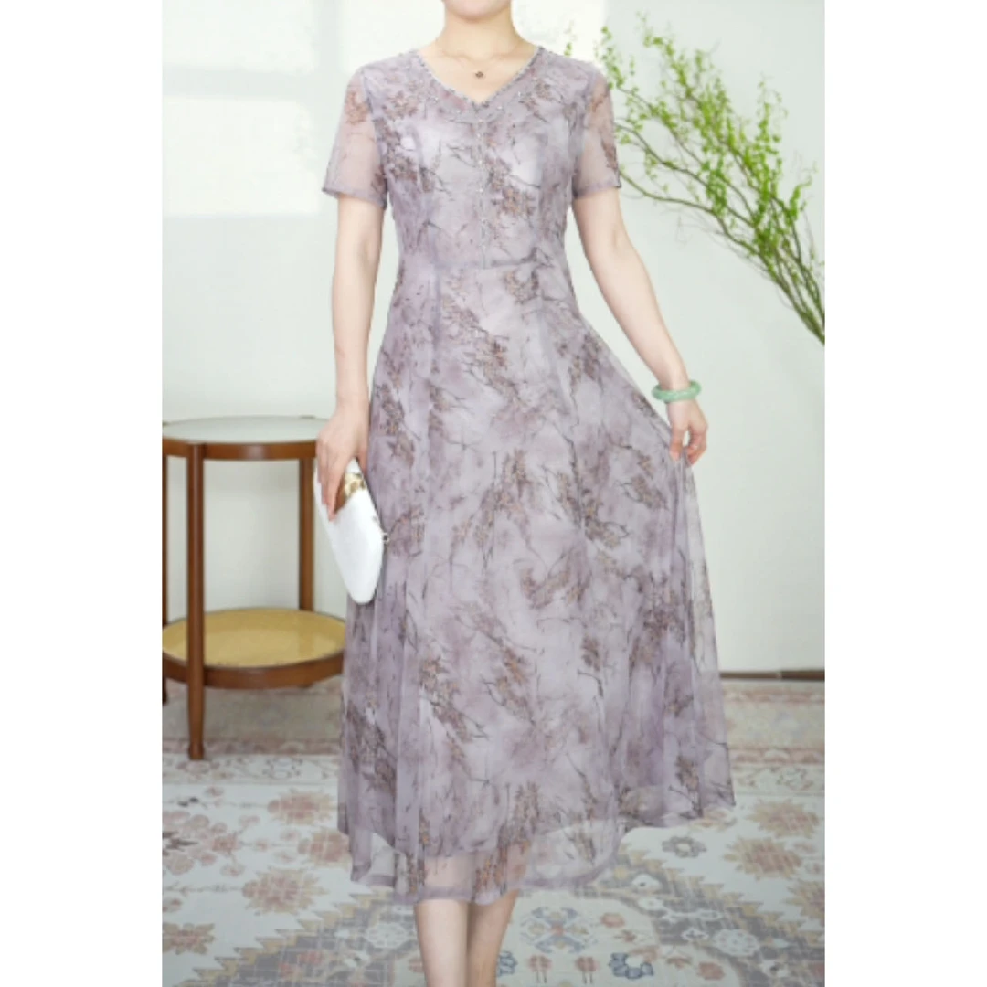 【陌上花开】时尚显白显瘦优雅气质夏季妈妈装连衣裙长裙裙子M10110