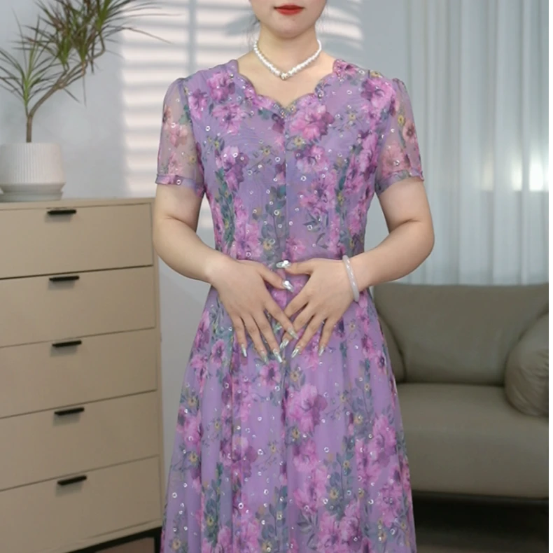 【花团锦簇】新款弹力碎花连衣裙中腰修身显瘦妈妈装M10240