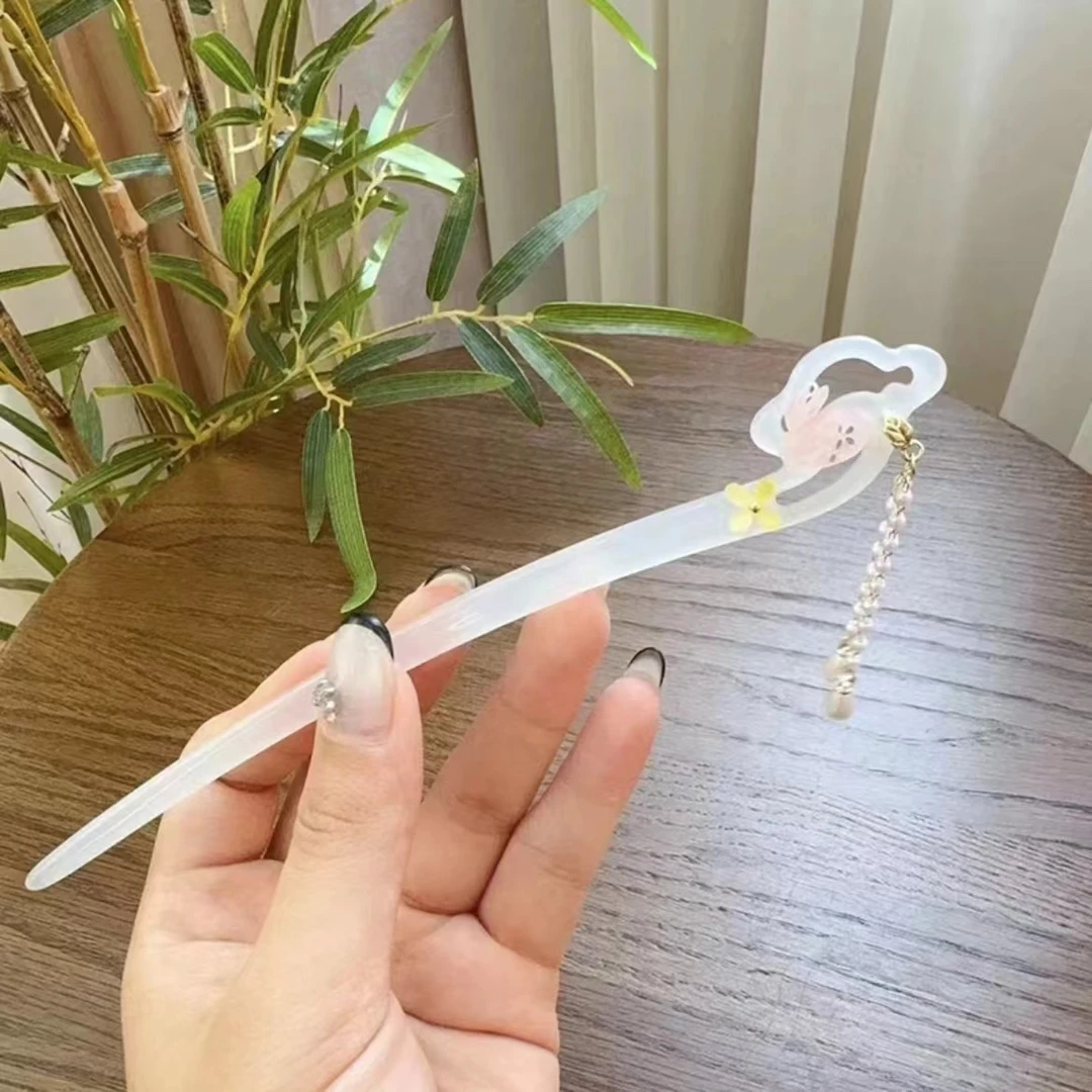 仿玉气质银杏发簪新中式古风双面簪子简约流苏玉兔发簪礼物简约钗