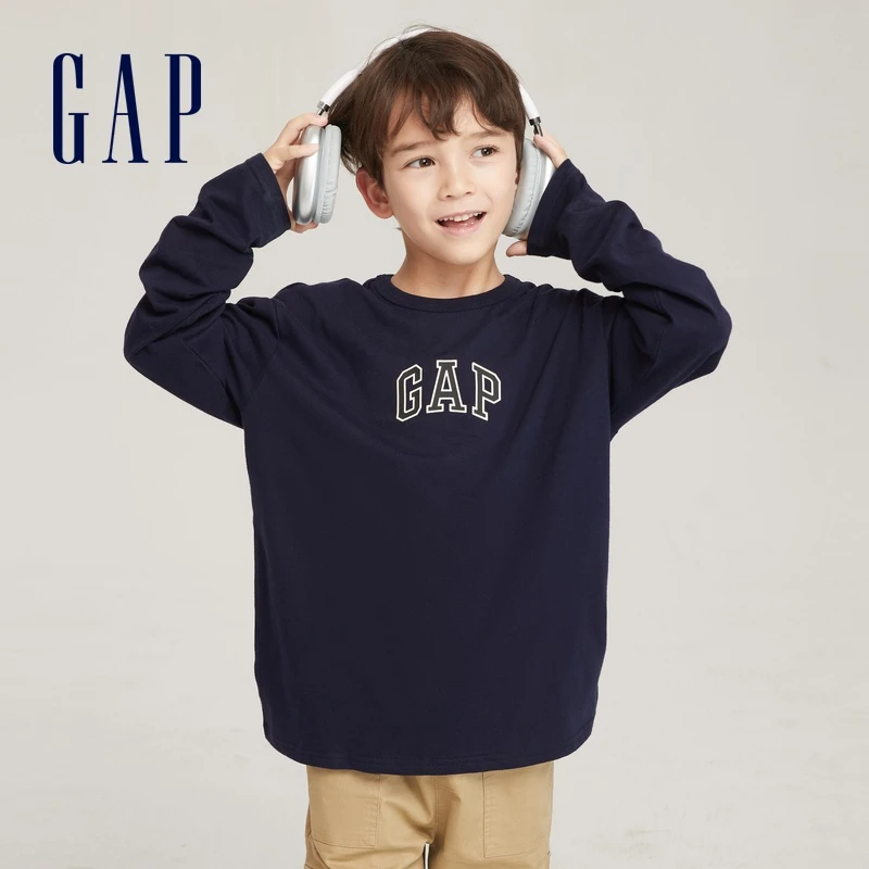 Gap男女童秋季2023新款LOGO纯棉运动长袖T恤821305儿童装休闲上衣
