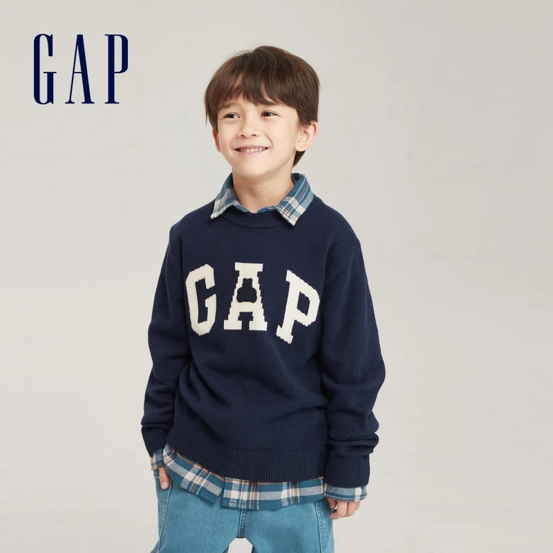 Gap秋季2023新款LOGO棉纱线休闲针织衫730932儿童装洋气毛衣