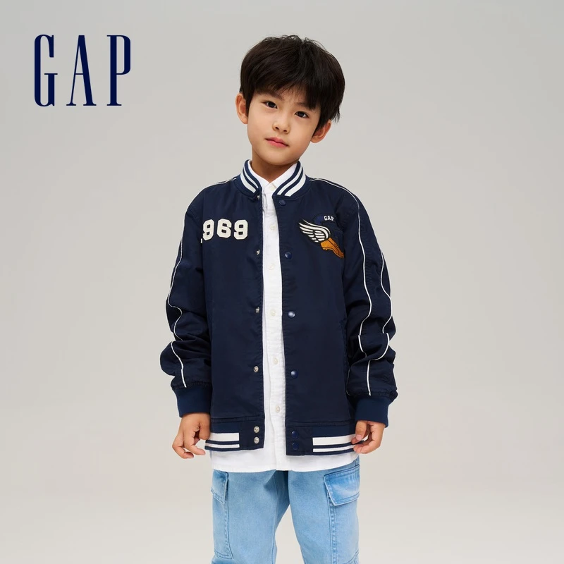Gap男童秋季2023新款LOGO宽松廓形809559儿童装Varsity 校队夹克