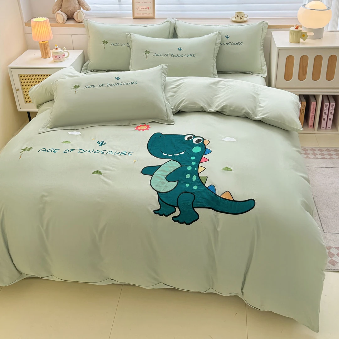 床上男孩女孩子风全棉全棉可爱卡通风绣花三件套纯棉被套四件套