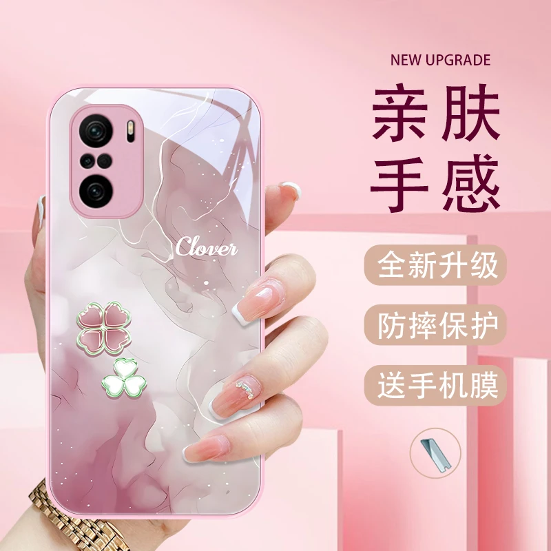 四叶爱心适用小米红米k40手机壳K40pro玻璃k40s女款k40游戏版全包