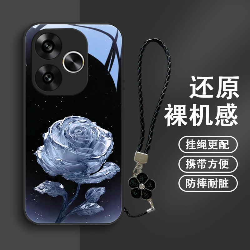 如花似朵适用小米红米Turbo3手机壳玻璃壳保护套防摔高级挂绳新款