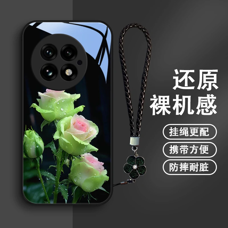 兰绿玫瑰适用iQOO13手机壳iqoo13挂绳玻璃保护套文艺女款夏日防摔