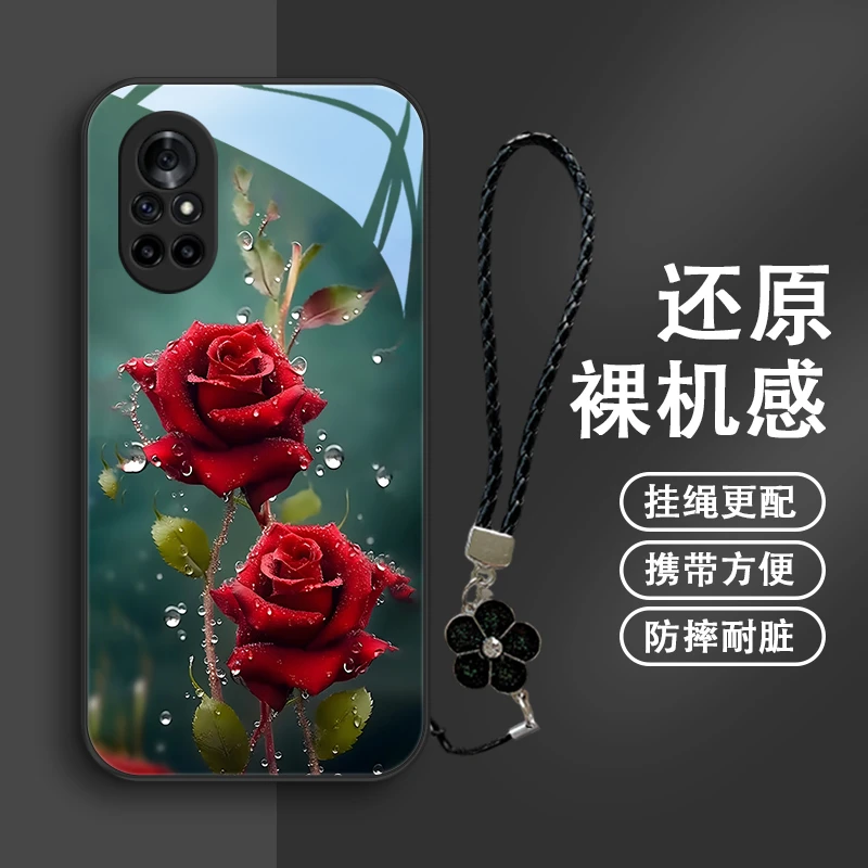 水晶玫瑰适用华为nova8pro手机壳nova8玻璃保护套个性女款高级挂